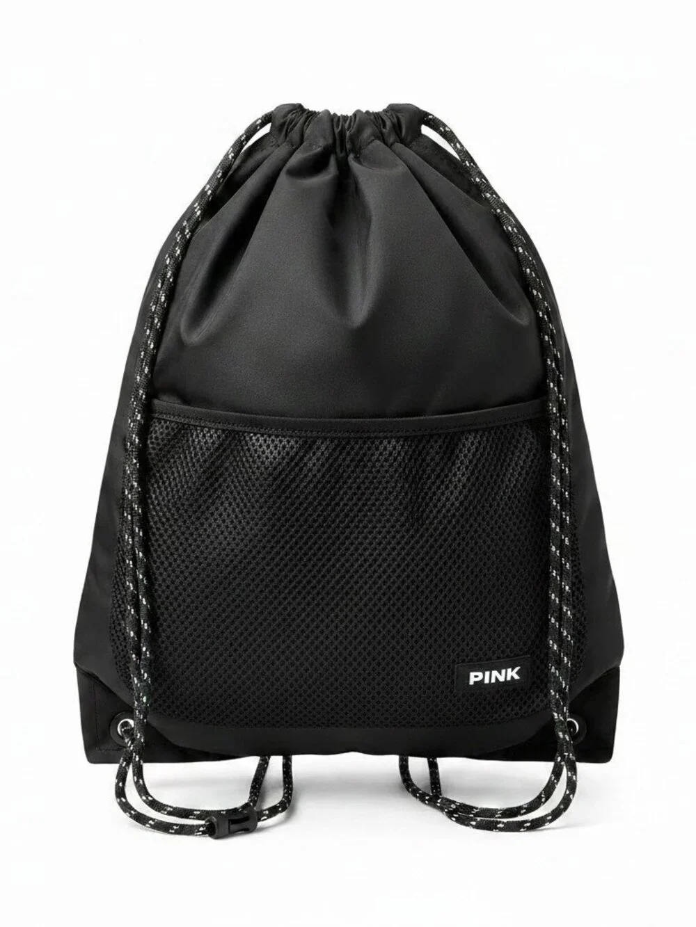 PINK Victoria's Secret Black Drawstring Backpack Gym Bag Cinch Tote Mesh Pocket
